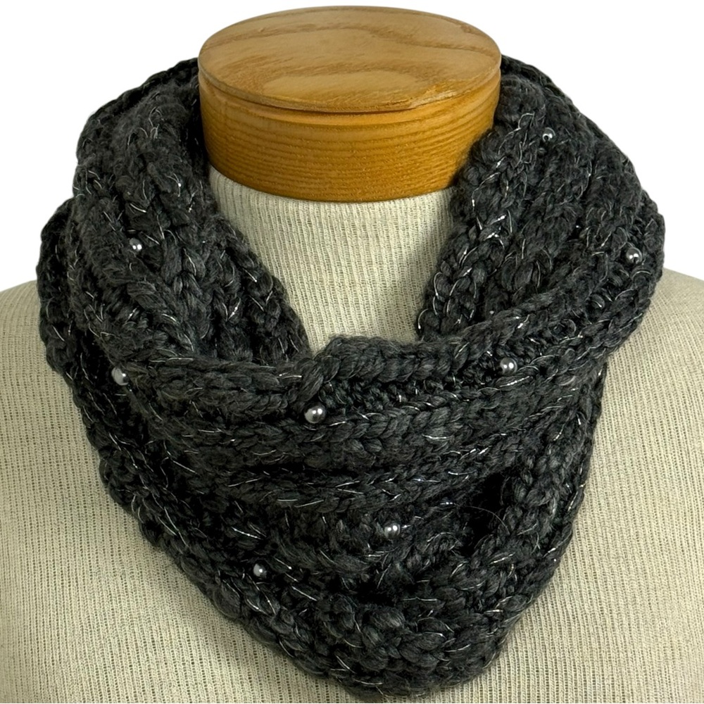 Ann Taylor Charcoal Knit Infinity Cowl Neck Scarf with Pearls Cozy Winter